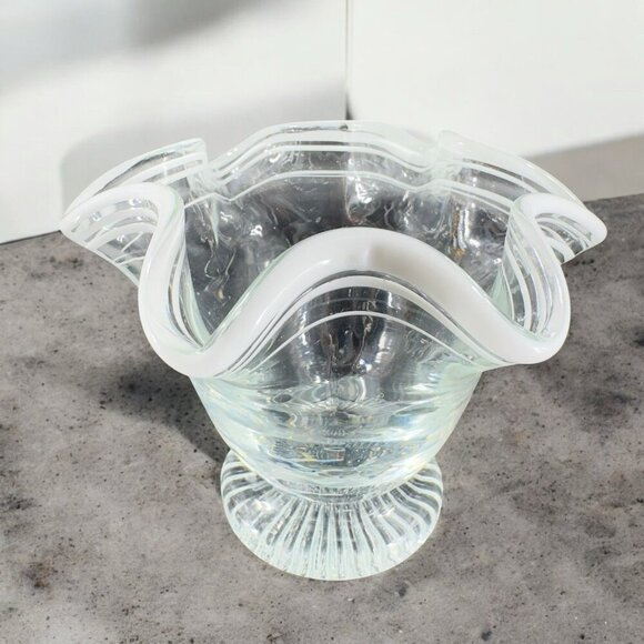Vintage Glass Dish Bowl Clear White Ruffles Scroll Footed Base Candy Dish VTG - Picture 2 of 12